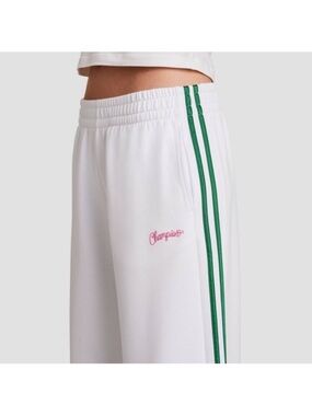Champion White Sweatpants with Green Side Stripes and Pink Logo